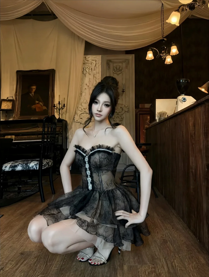 Glam Black Strapless Sweetheart Lace Rhinestone Corset A Line Short Homecoming Dress Birthday Dress AS3214
