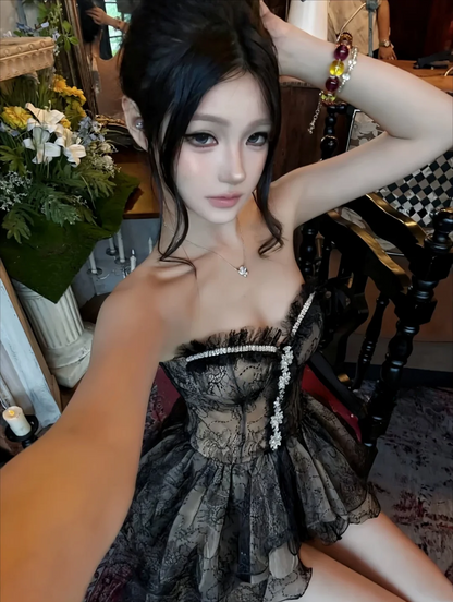Glam Black Strapless Sweetheart Lace Rhinestone Corset A Line Short Homecoming Dress Birthday Dress AS3214