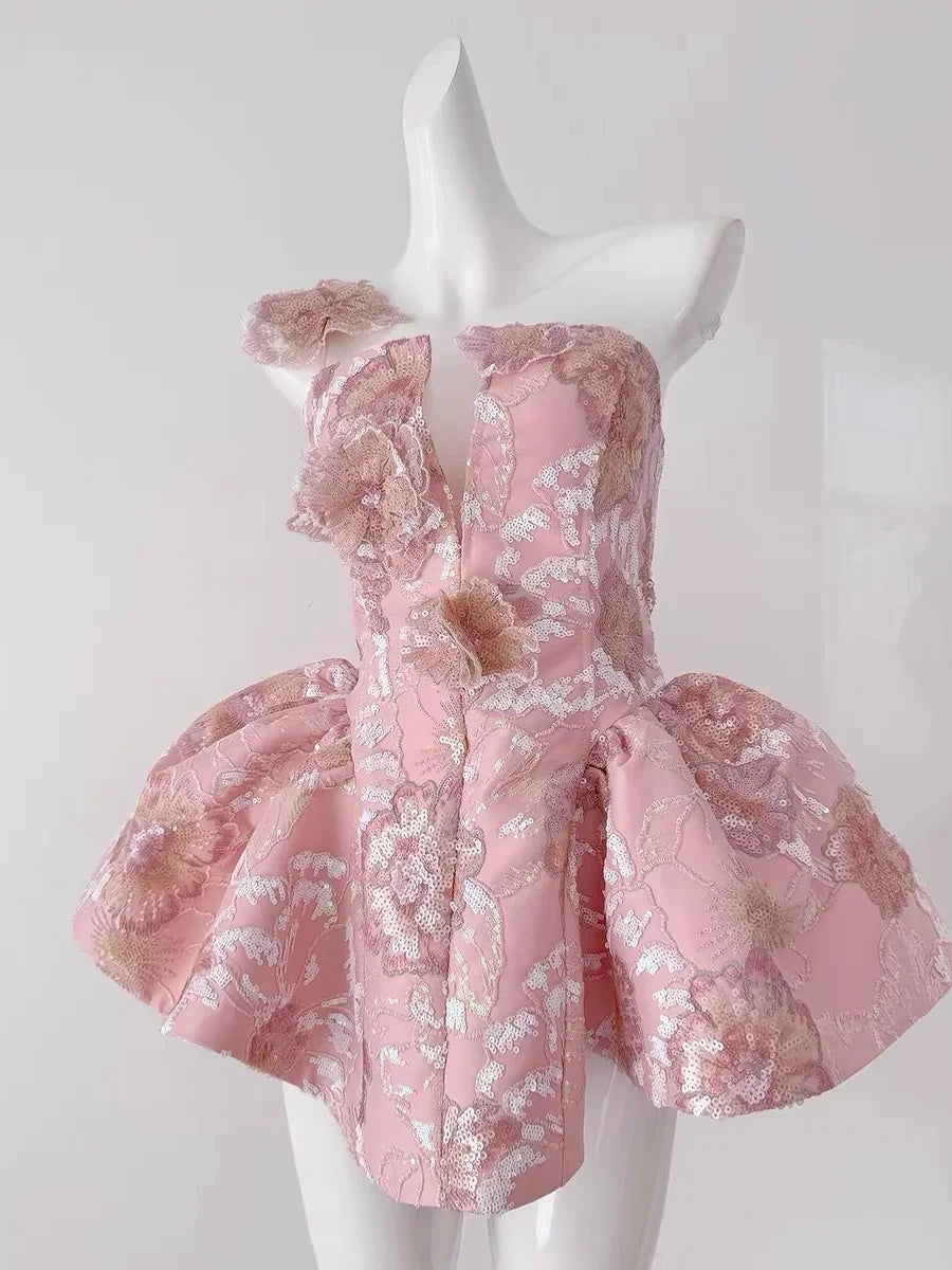 Gorgeous Pink One Shoulder V Neck 3D Floral Sequin Appliques A Line Short Homecoming Dress Birthday Dress AS3215