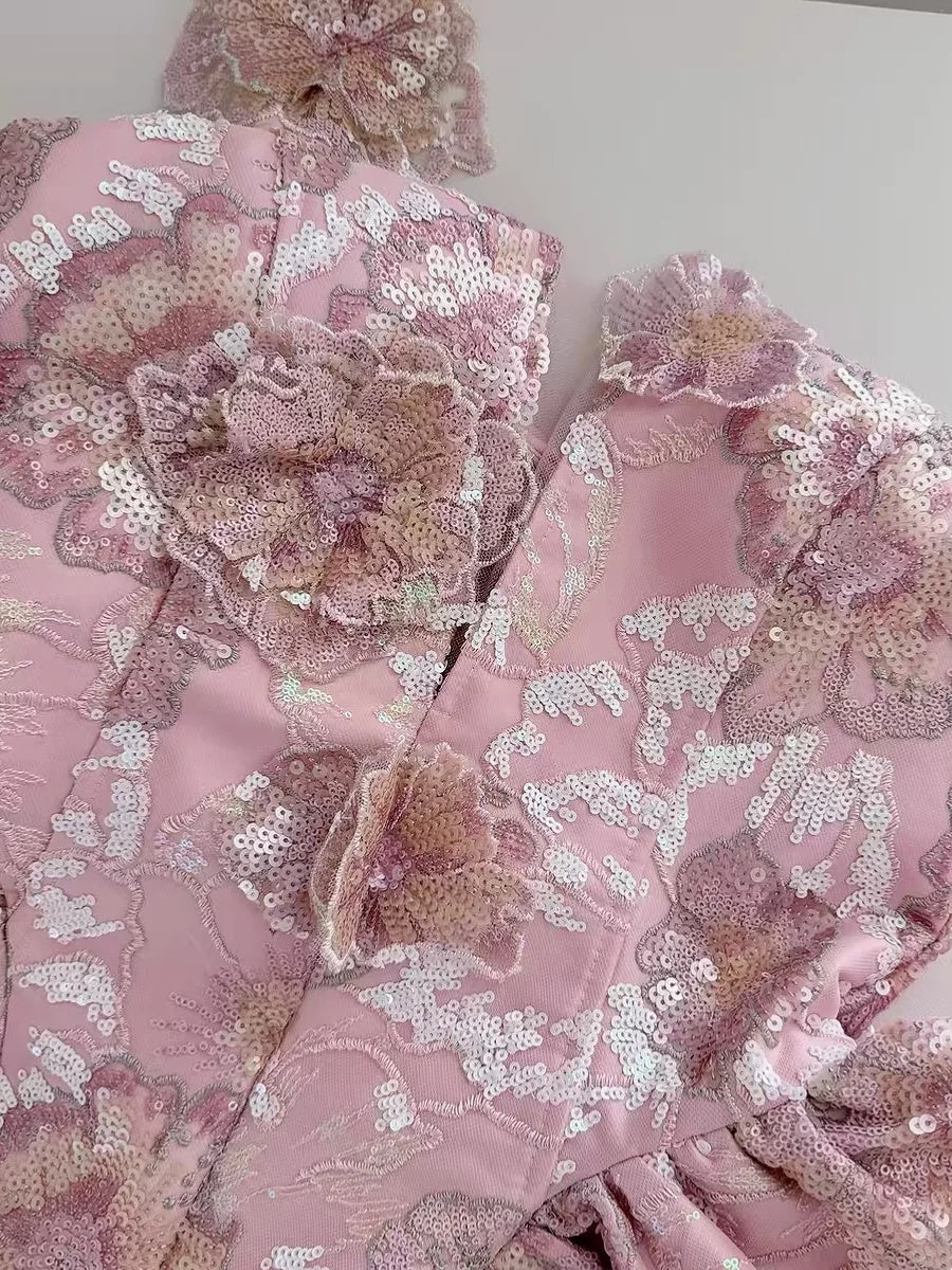 Gorgeous Pink One Shoulder V Neck 3D Floral Sequin Appliques A Line Short Homecoming Dress Birthday Dress AS3215