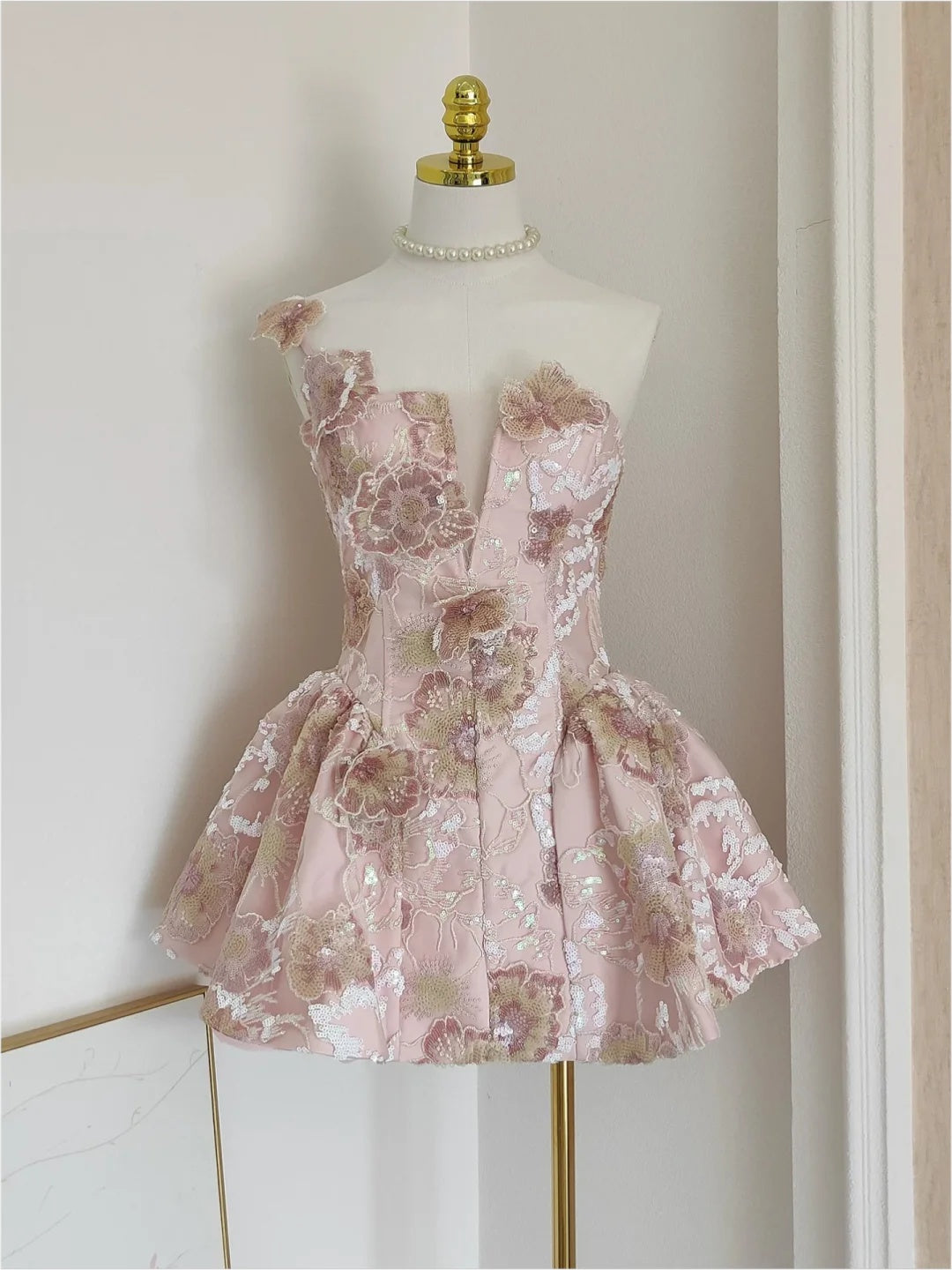 Gorgeous Pink One Shoulder V Neck 3D Floral Sequin Appliques A Line Short Homecoming Dress Birthday Dress AS3215