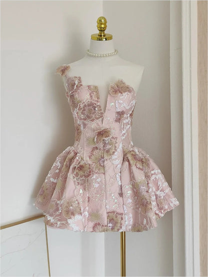 Gorgeous Pink One Shoulder V Neck 3D Floral Sequin Appliques A Line Short Homecoming Dress Birthday Dress AS3215