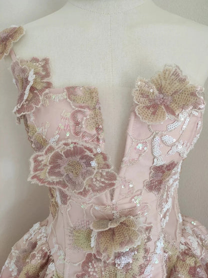 Gorgeous Pink One Shoulder V Neck 3D Floral Sequin Appliques A Line Short Homecoming Dress Birthday Dress AS3215