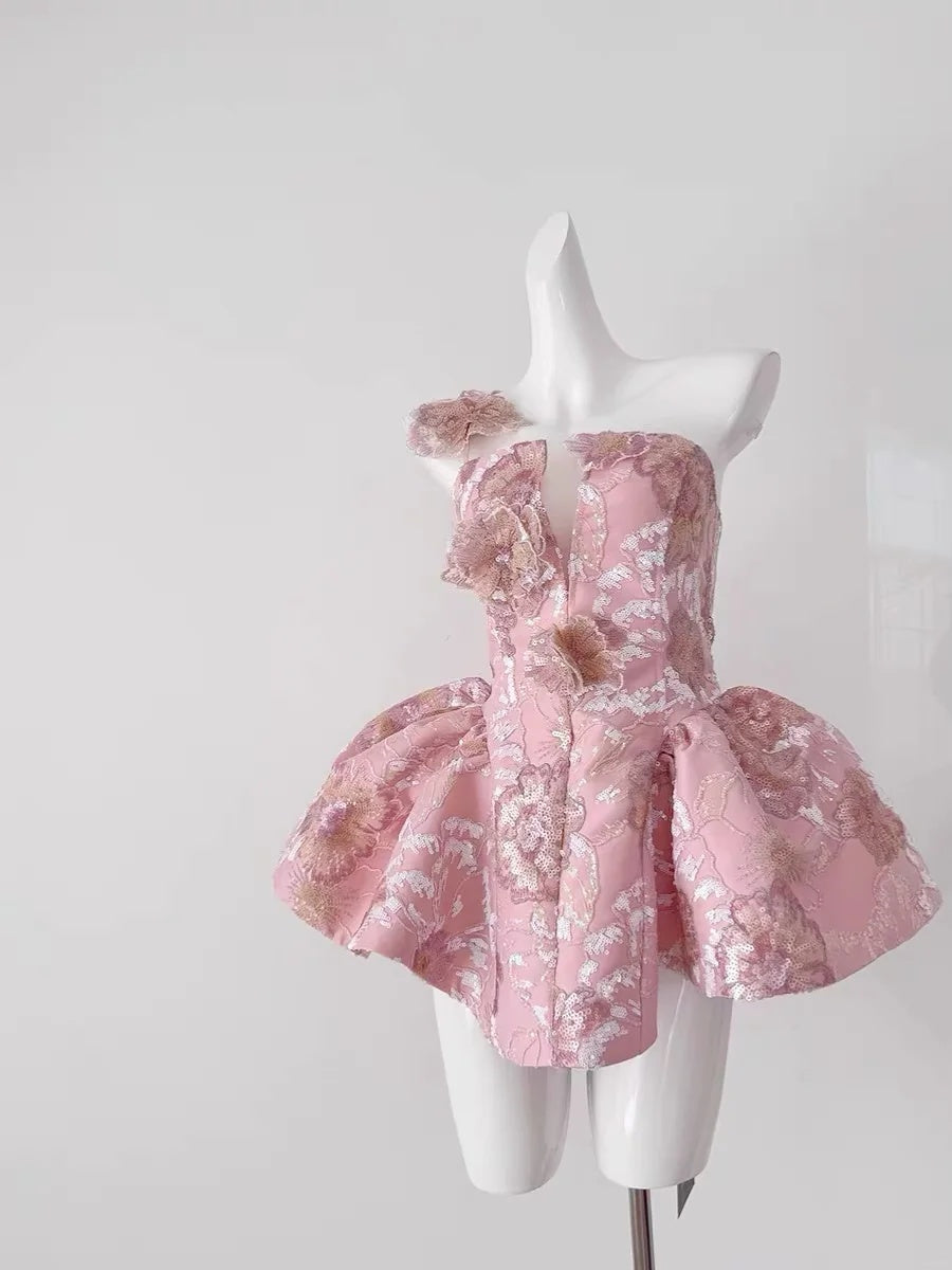 Gorgeous Pink One Shoulder V Neck 3D Floral Sequin Appliques A Line Short Homecoming Dress Birthday Dress AS3215