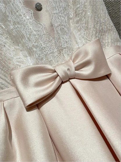Elegant Blush Sleeveless Round Neck Lace Sequin Rhinestone Bow A-Line Short Homecoming Dress Birthday Dress AS3216