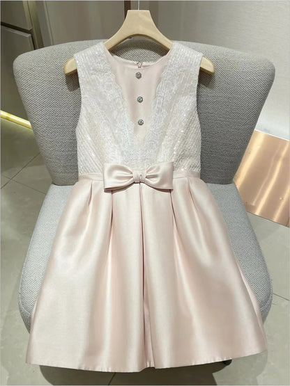 Elegant Blush Sleeveless Round Neck Lace Sequin Rhinestone Bow A-Line Short Homecoming Dress Birthday Dress AS3216