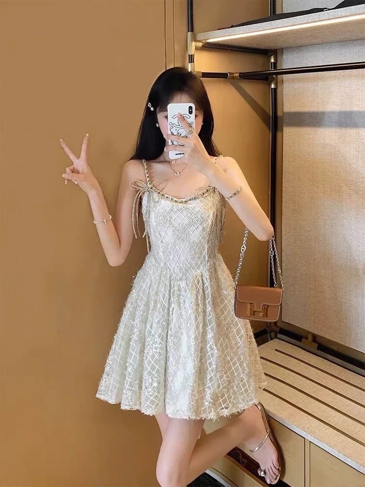 Glimmering Ivory Spaghetti Straps Beaded Sequin Bow A-line Short Homecoming Dress Birthday Dress AS3217