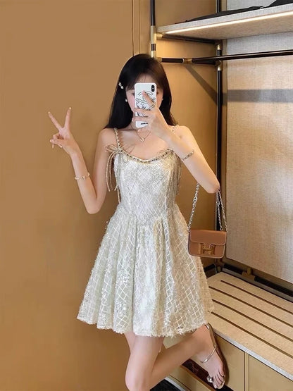 Glimmering Ivory Spaghetti Straps Beaded Sequin Bow A-line Short Homecoming Dress Birthday Dress AS3217