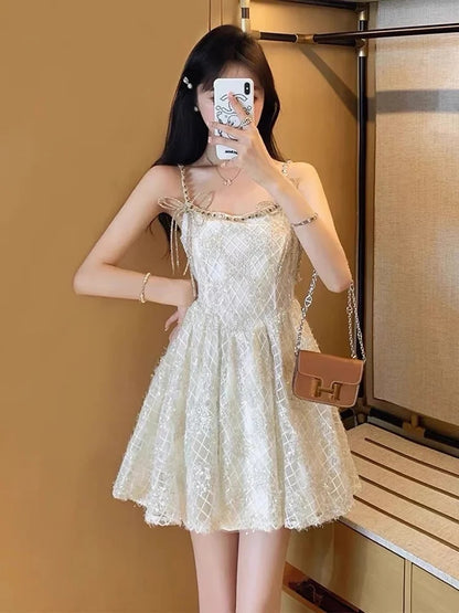 Glimmering Ivory Spaghetti Straps Beaded Sequin Bow A-line Short Homecoming Dress Birthday Dress AS3217