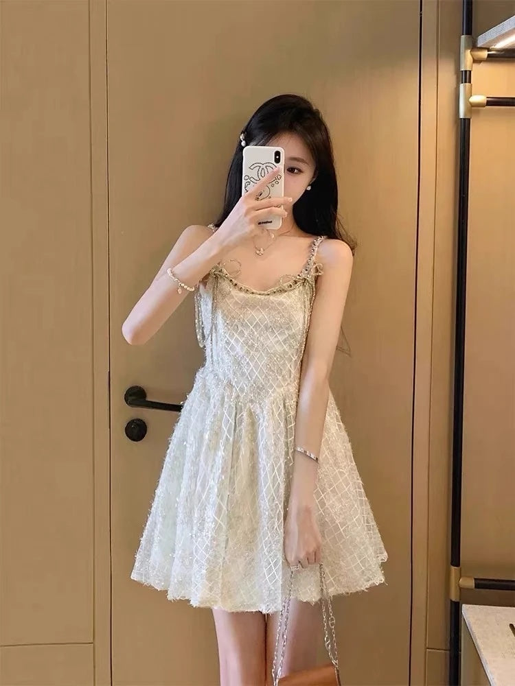 Glimmering Ivory Spaghetti Straps Beaded Sequin Bow A-line Short Homecoming Dress Birthday Dress AS3217