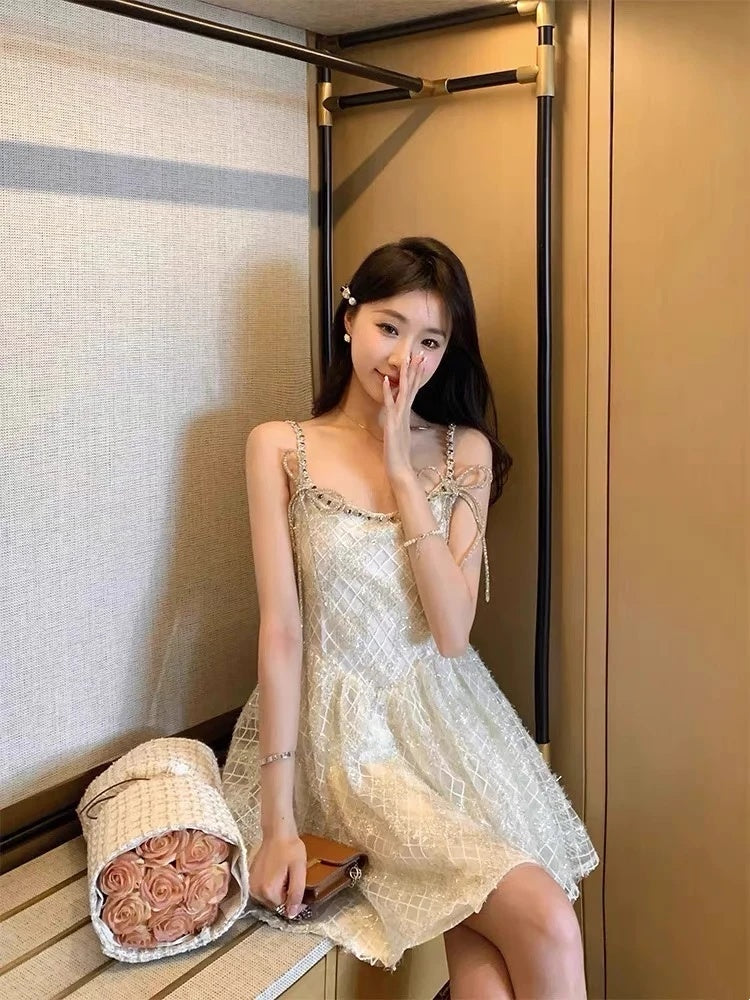 Glimmering Ivory Spaghetti Straps Beaded Sequin Bow A-line Short Homecoming Dress Birthday Dress AS3217