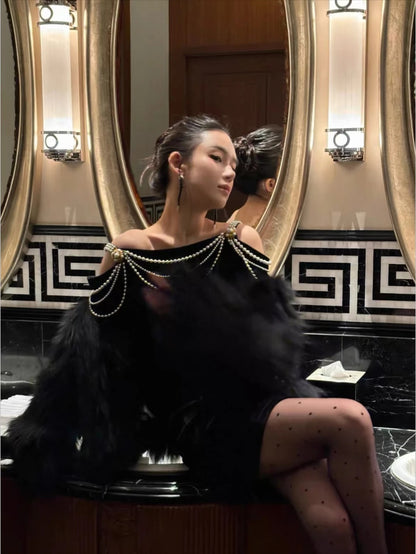 Luxury Black Off Shoulder Strap Velvet Pearl Beaded Long Sleeve Sheath Party Dress Short Homecoming Dress AS3218