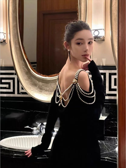 Luxury Black Off Shoulder Strap Velvet Pearl Beaded Long Sleeve Sheath Party Dress Short Homecoming Dress AS3218