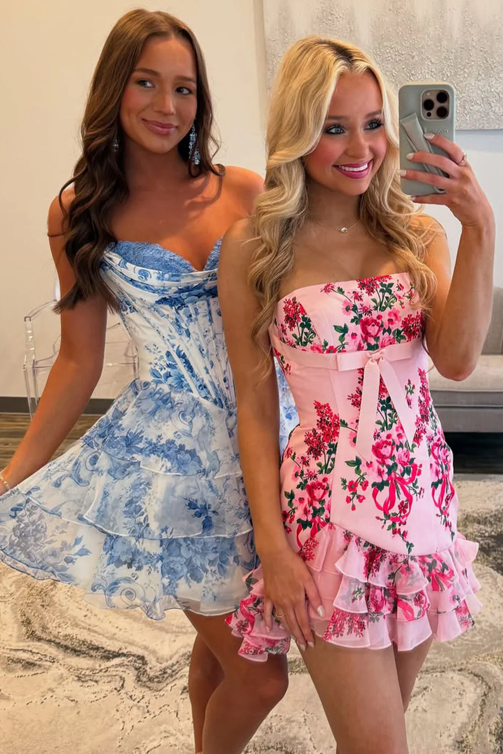 Stylish Strapless Floral Print Homecoming Dress With Bowknot And Ruffle Hem AS322