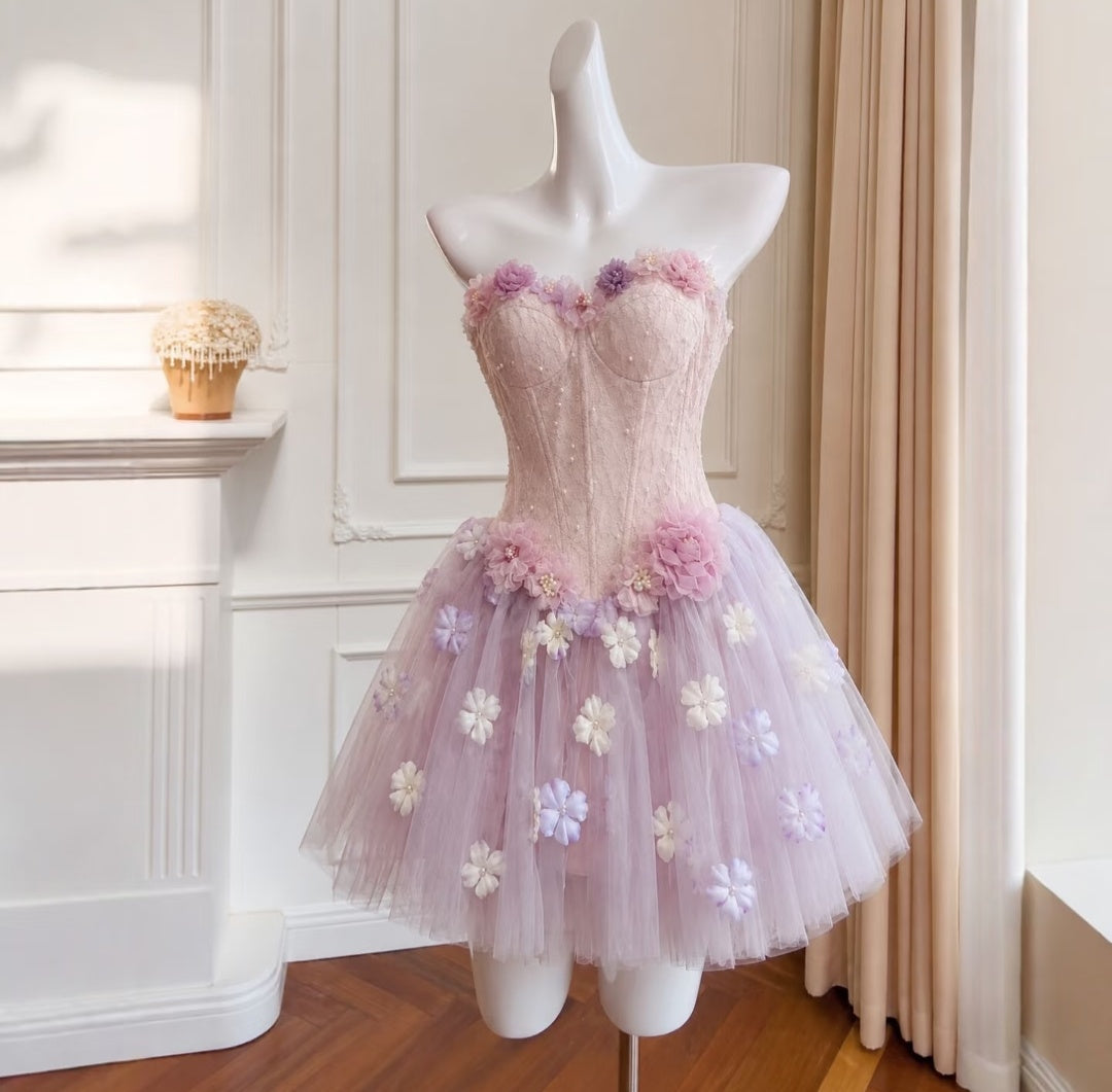 Dreamy Lavender Sweetheart Corset 3D Floral Appliques A-Line Short Homecoming Dress Birthday Dress AS3222