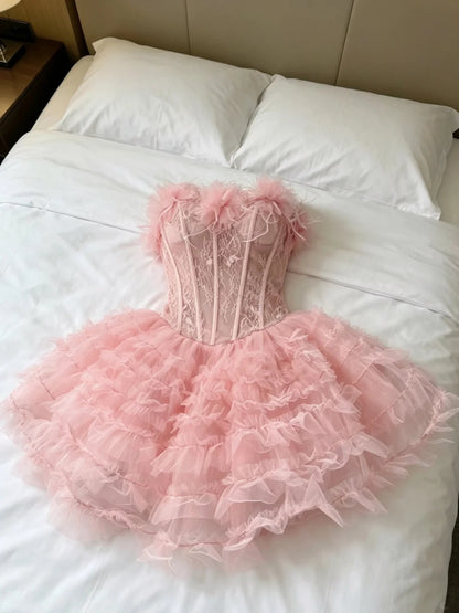 Romantic Pink Strapless 3D Floral Lace Corset A Line Short Homecoming Dress Birthday Dress AS3223