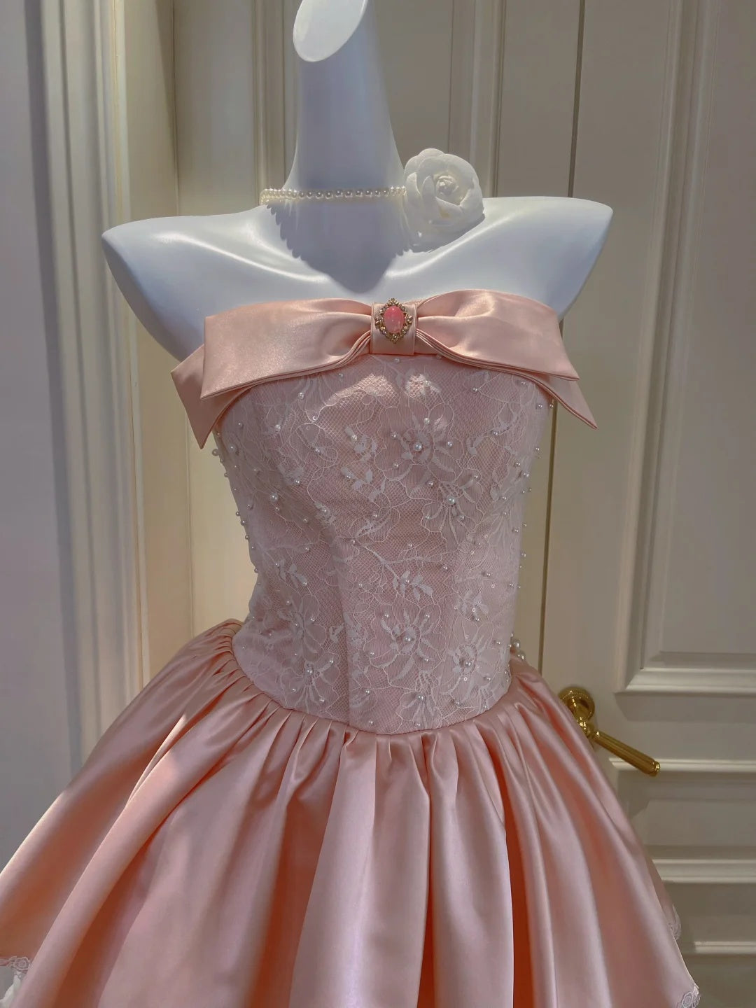 Charming Pink Strapless Bow Lace Beaded A-Line Short Homecoming Dress Birthday Dress AS3225