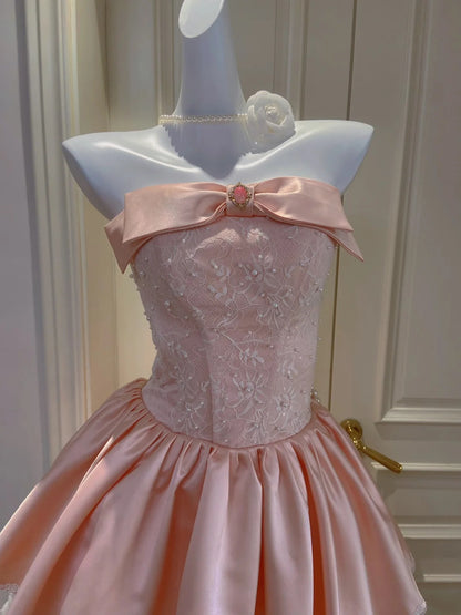 Charming Pink Strapless Bow Lace Beaded A-Line Short Homecoming Dress Birthday Dress AS3225