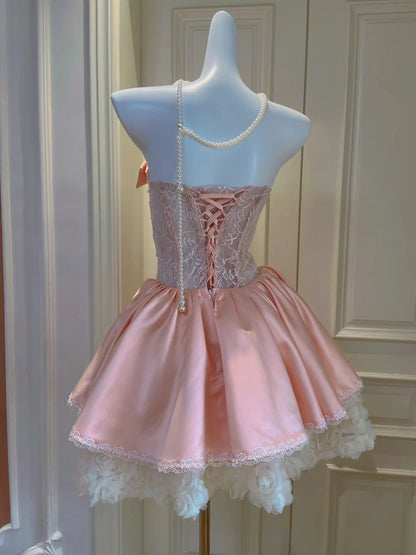 Charming Pink Strapless Bow Lace Beaded A-Line Short Homecoming Dress Birthday Dress AS3225