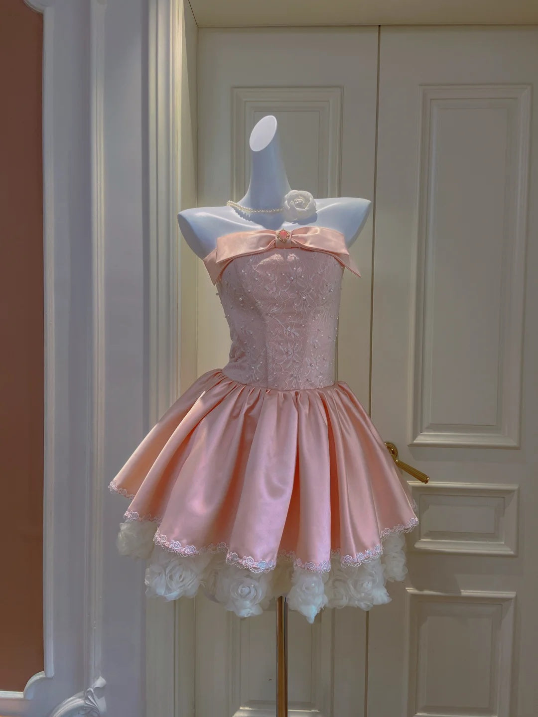 Charming Pink Strapless Bow Lace Beaded A-Line Short Homecoming Dress Birthday Dress AS3225