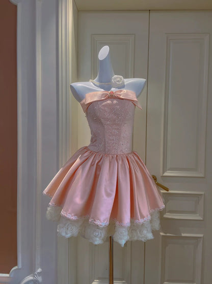 Charming Pink Strapless Bow Lace Beaded A-Line Short Homecoming Dress Birthday Dress AS3225