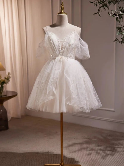 Ethereal White Spaghetti Straps V-Neck Beaded A-Line Short Homecoming Dress Birthday Dress AS3227