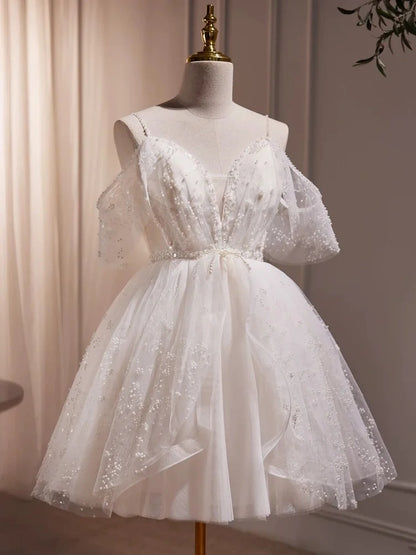 Ethereal White Spaghetti Straps V-Neck Beaded A-Line Short Homecoming Dress Birthday Dress AS3227