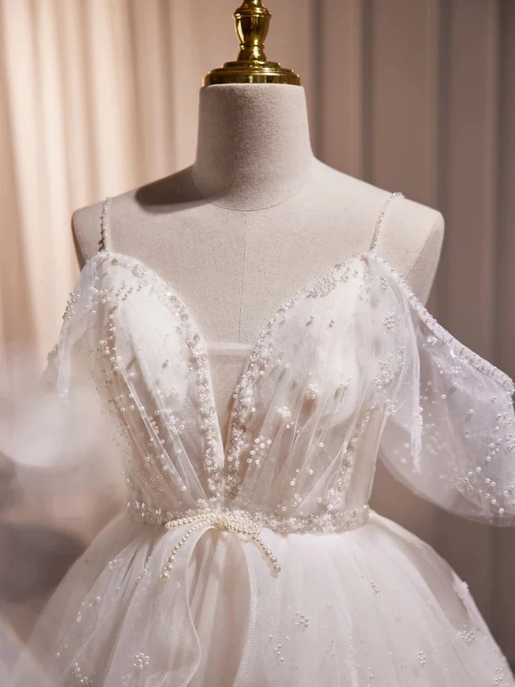 Ethereal White Spaghetti Straps V-Neck Beaded A-Line Short Homecoming Dress Birthday Dress AS3227