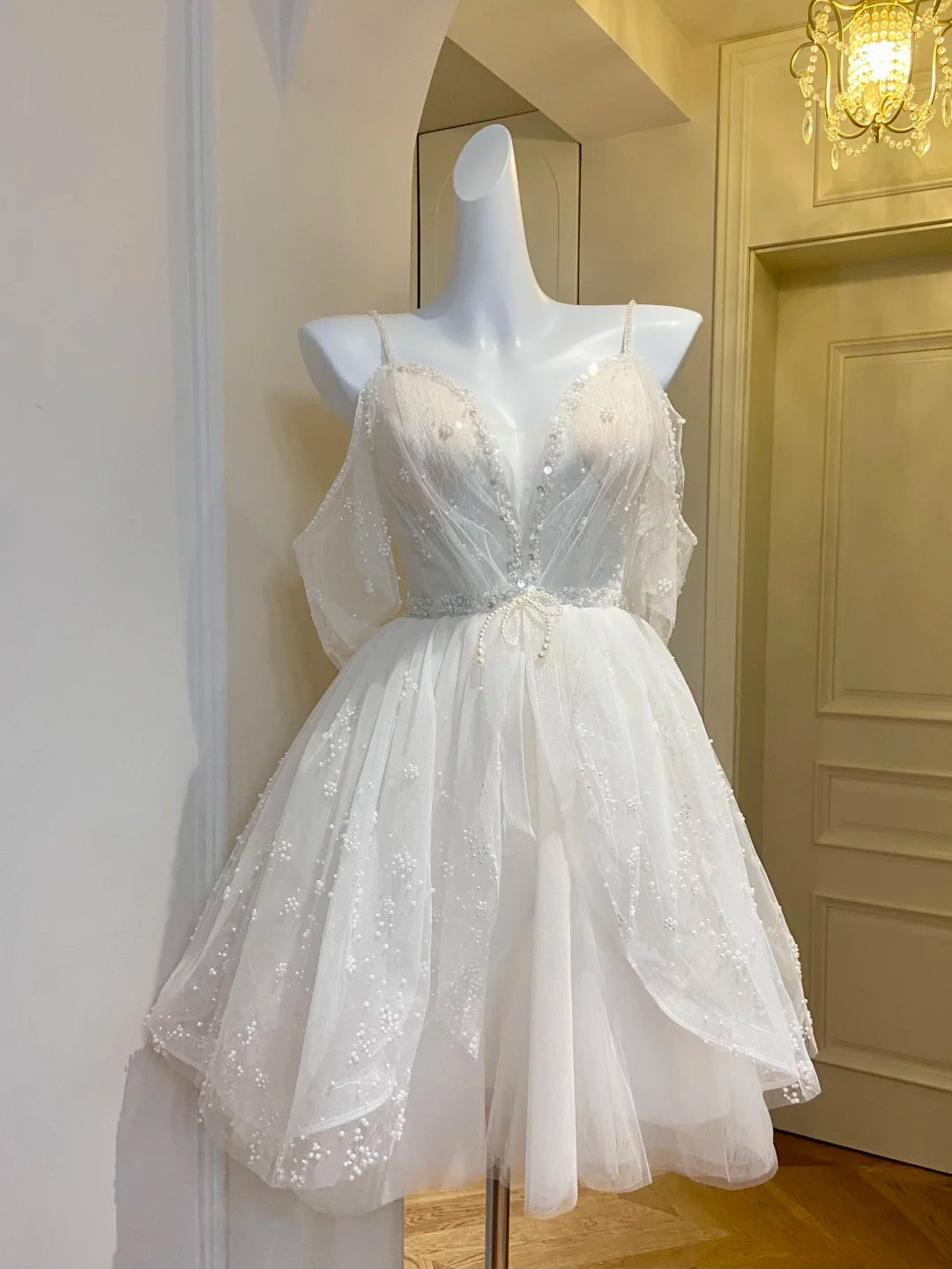 Ethereal White Spaghetti Straps V-Neck Beaded A-Line Short Homecoming Dress Birthday Dress AS3227