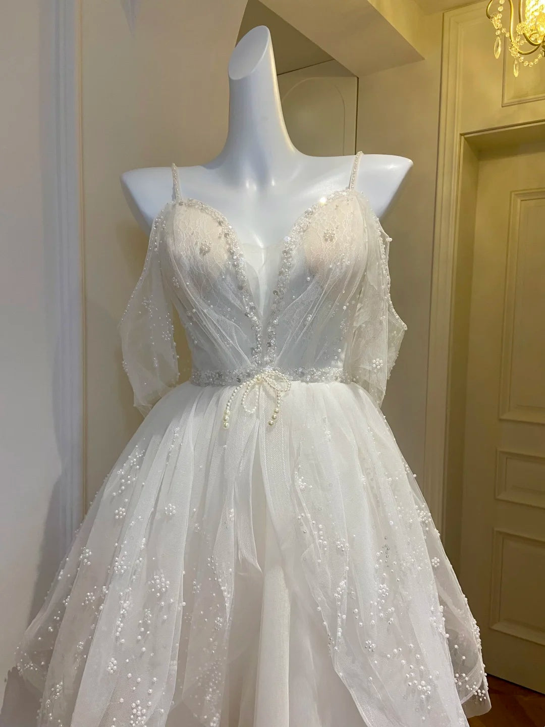 Ethereal White Spaghetti Straps V-Neck Beaded A-Line Short Homecoming Dress Birthday Dress AS3227