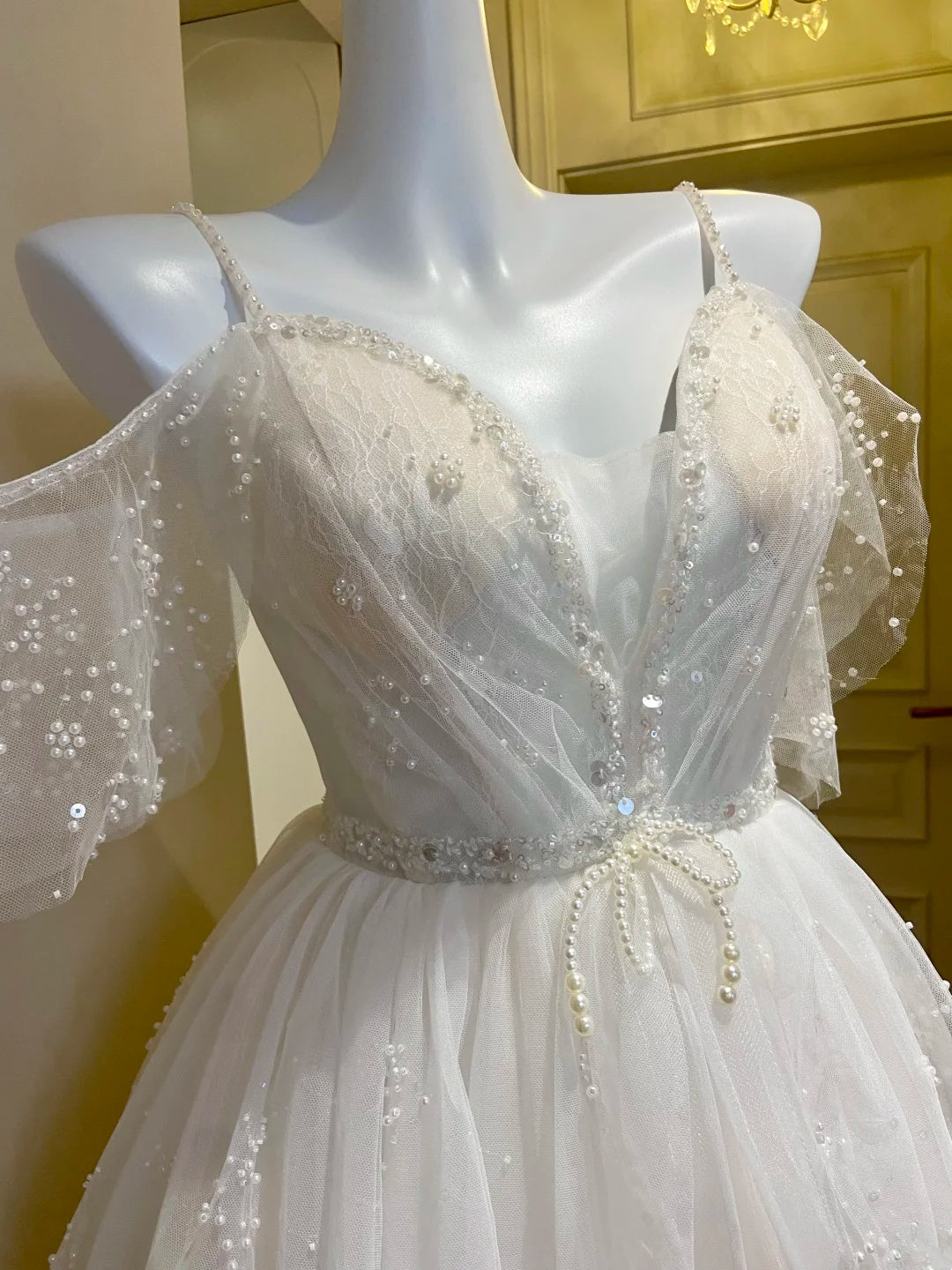 Ethereal White Spaghetti Straps V-Neck Beaded A-Line Short Homecoming Dress Birthday Dress AS3227