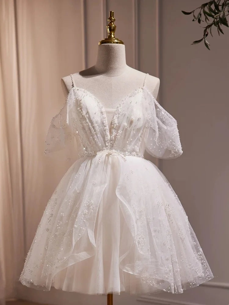 Ethereal White Spaghetti Straps V-Neck Beaded A-Line Short Homecoming Dress Birthday Dress AS3227