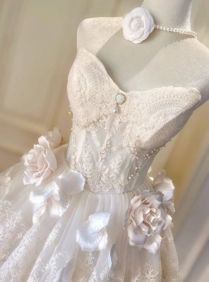 Romantic Ivory Strapless Sweetheart Lace Beaded 3D Floral A-Line Short Homecoming Dress Birthday Dress AS3228