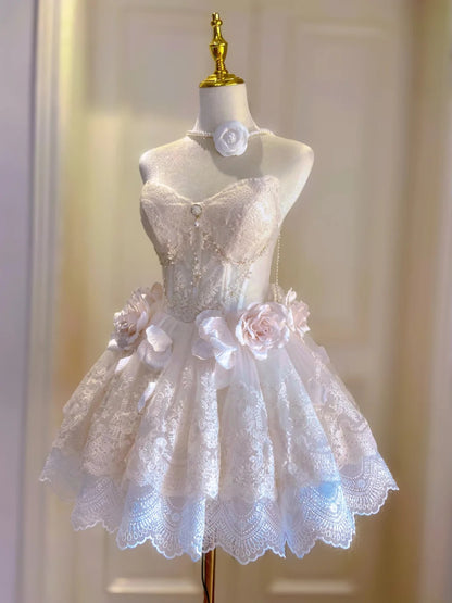 Romantic Ivory Strapless Sweetheart Lace Beaded 3D Floral A-Line Short Homecoming Dress Birthday Dress AS3228