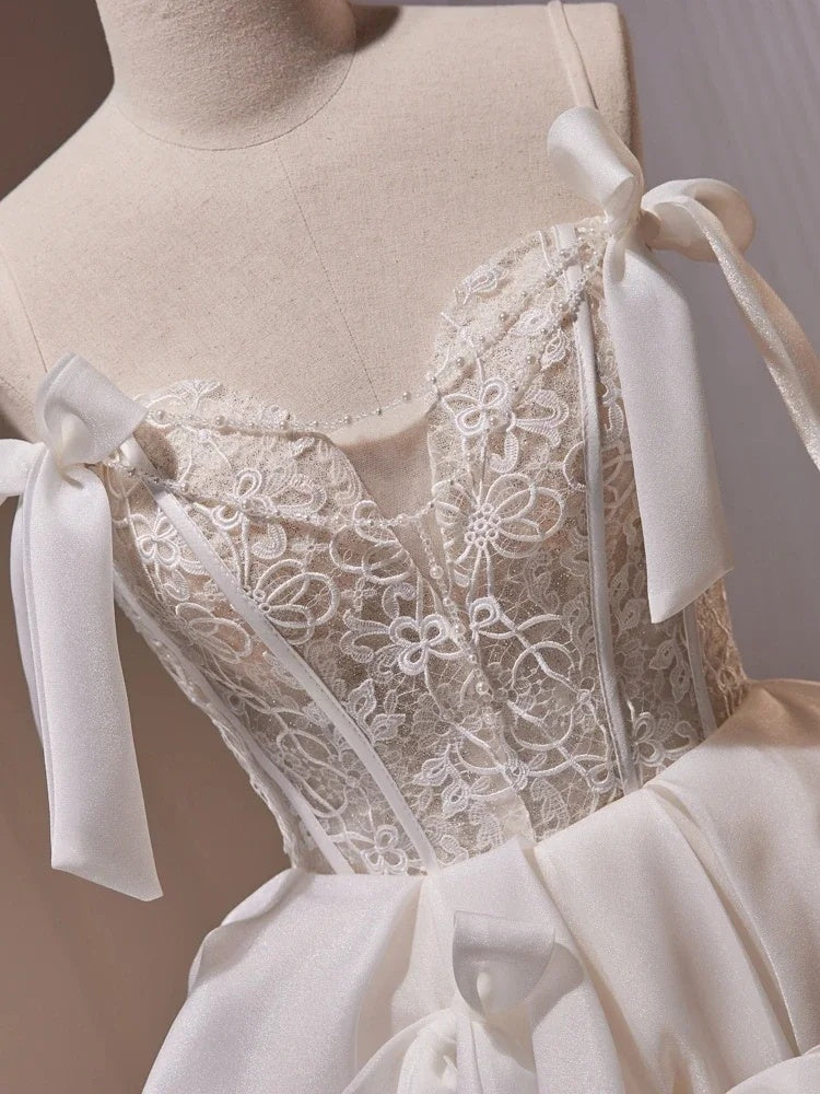 Chic White Spaghetti Straps Bow Lace Corset A-Line Short Homecoming Dress Birthday Dress AS3229