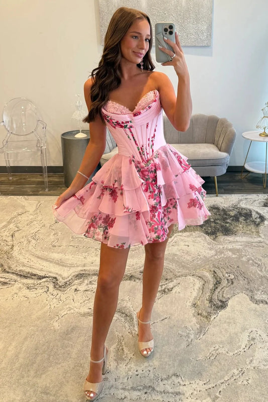 Floral A-Line Sweetheart Short Tiered Homecoming Dress With Lace Detail AS323