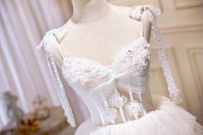 Sweet Ivory Bow Strap Sweetheart 3D Floral Sequin Polka Dot A Line Short Homecoming Dress AS3231