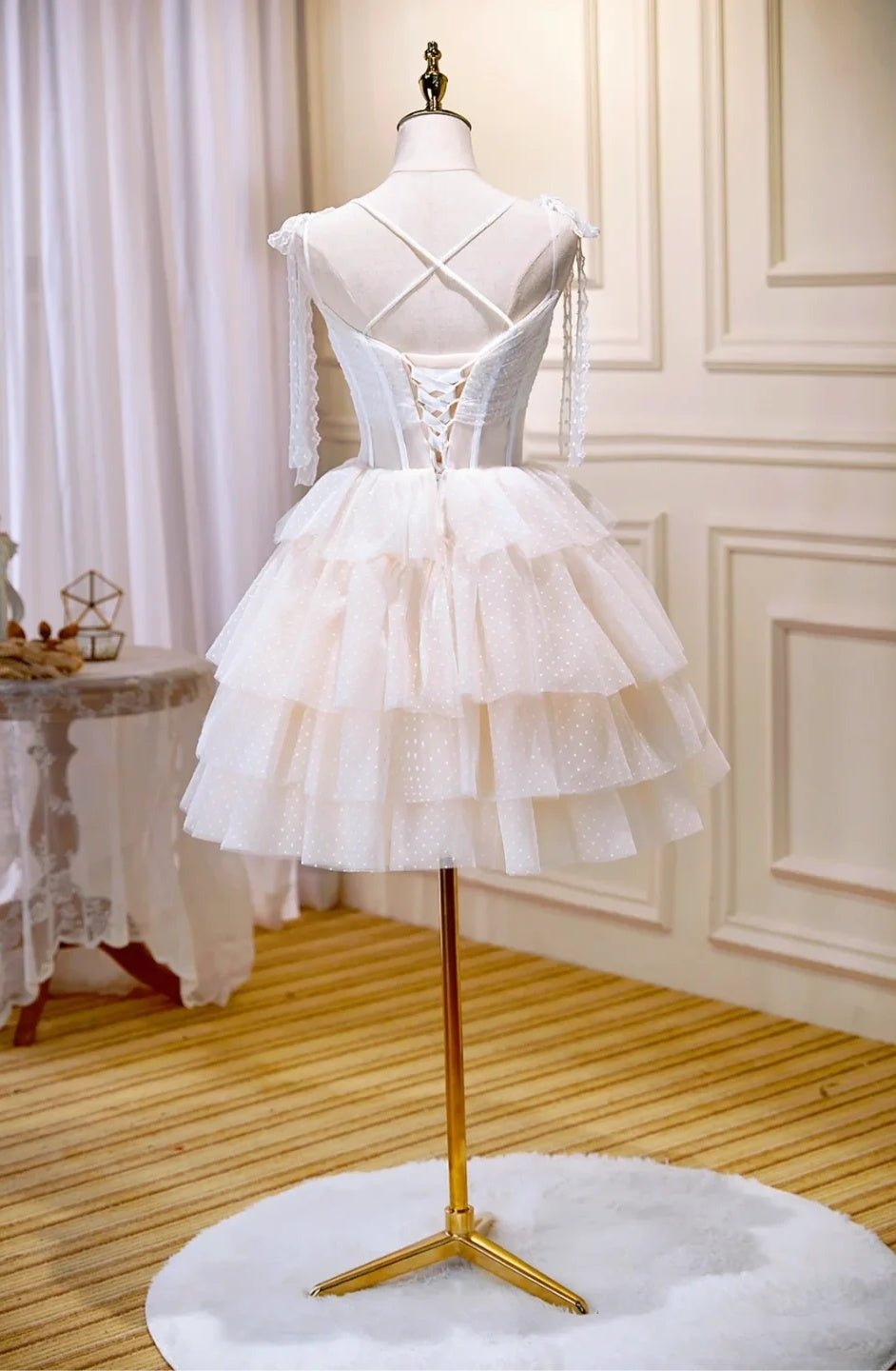 Sweet Ivory Bow Strap Sweetheart 3D Floral Sequin Polka Dot A Line Short Homecoming Dress AS3231