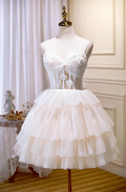 Sweet Ivory Bow Strap Sweetheart 3D Floral Sequin Polka Dot A Line Short Homecoming Dress AS3231