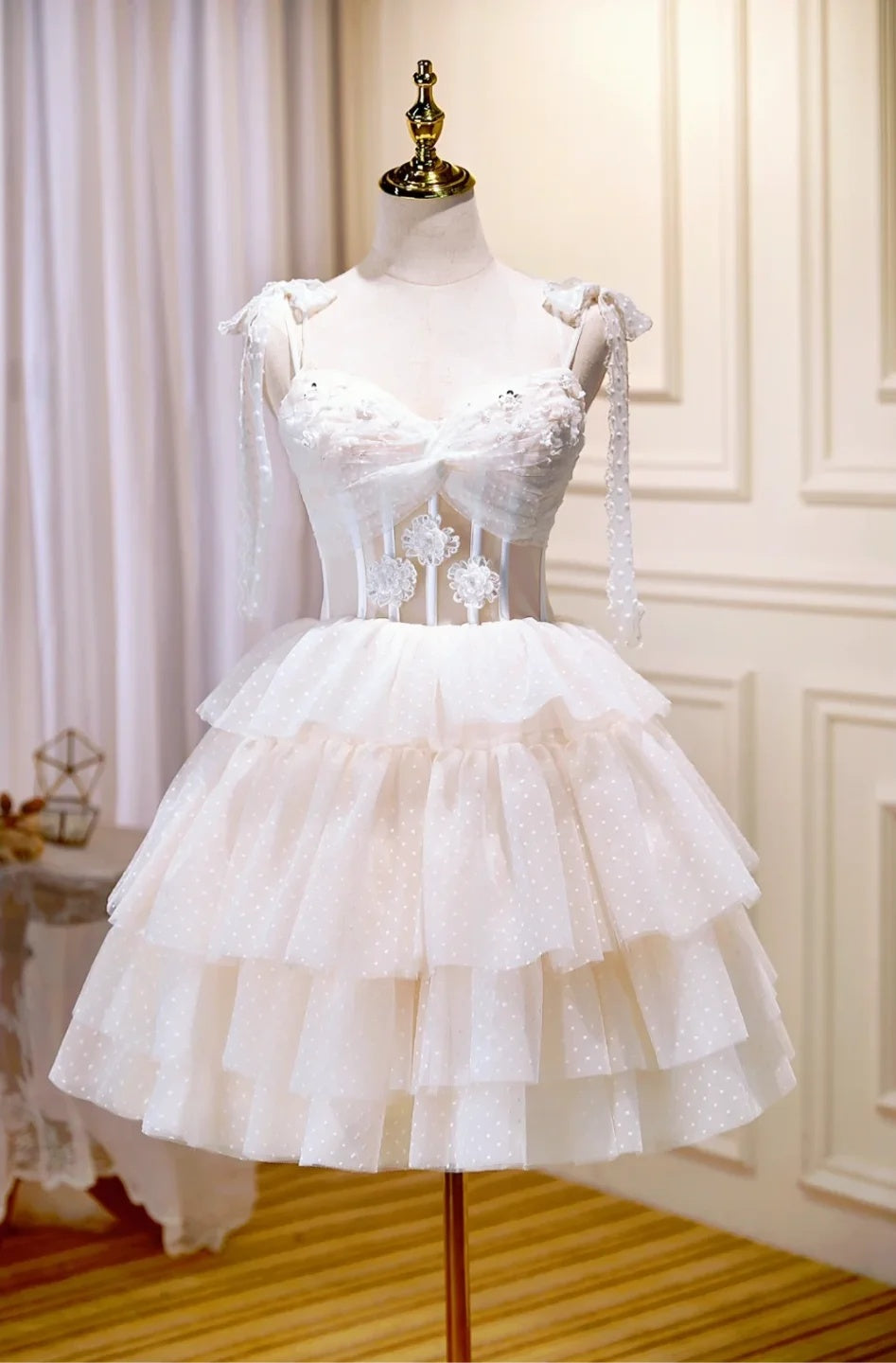 Sweet Ivory Bow Strap Sweetheart 3D Floral Sequin Polka Dot A Line Short Homecoming Dress AS3231