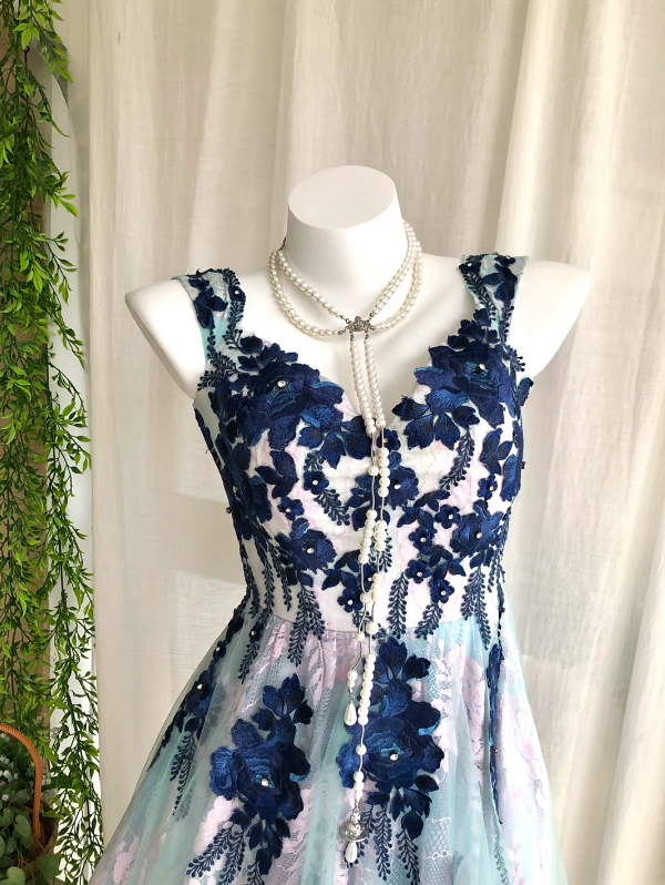 Vintage Blue Pink Floral Appliques V-Neck Sleeveless High Low A Line Homecoming Dress Birthday Dress AS3234