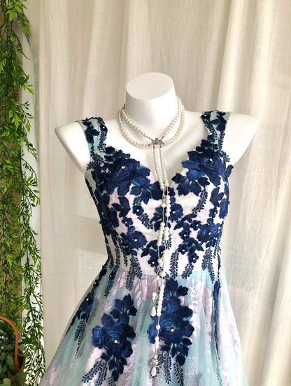 Vintage Blue Pink Floral Appliques V-Neck Sleeveless High Low A Line Homecoming Dress Birthday Dress AS3234