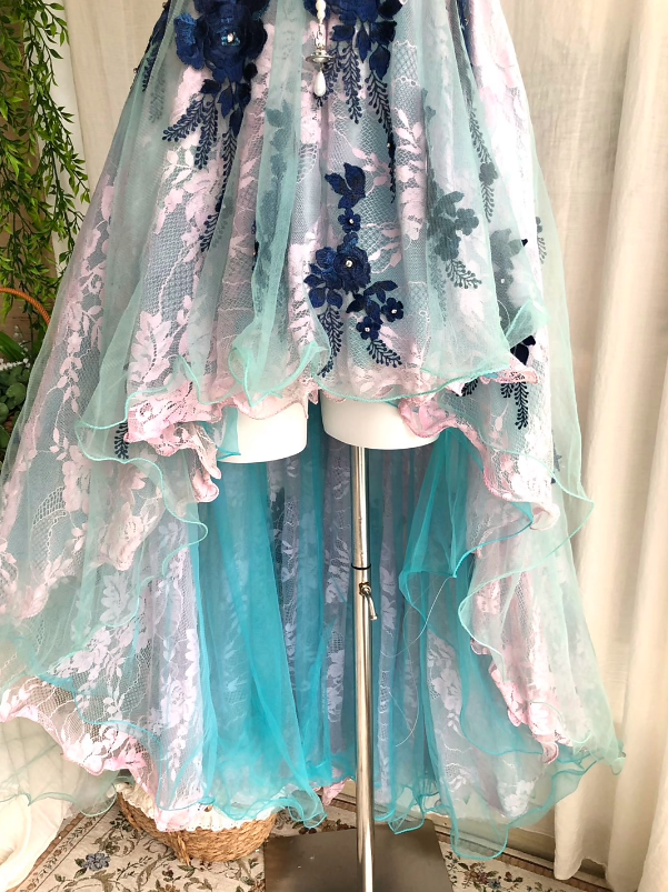 Vintage Blue Pink Floral Appliques V-Neck Sleeveless High Low A Line Homecoming Dress Birthday Dress AS3234