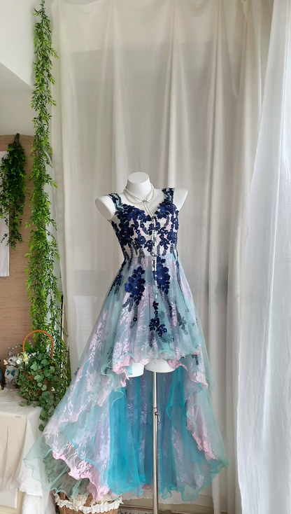 Vintage Blue Pink Floral Appliques V-Neck Sleeveless High Low A Line Homecoming Dress Birthday Dress AS3234