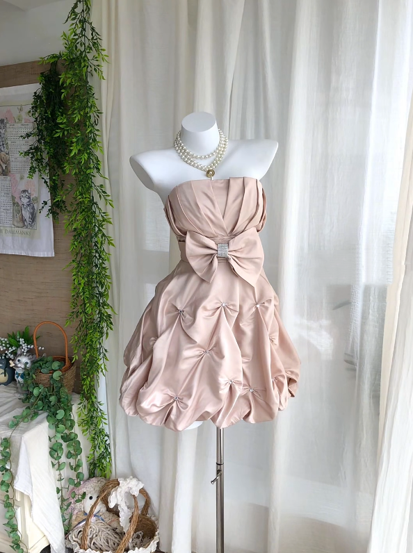 Gorgeous Dusty Pink Strapless Runched Rhinestone Bow A Line Short Homecoming Dress Birthday Dress AS3236