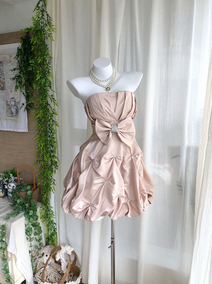 Gorgeous Dusty Pink Strapless Runched Rhinestone Bow A Line Short Homecoming Dress Birthday Dress AS3236