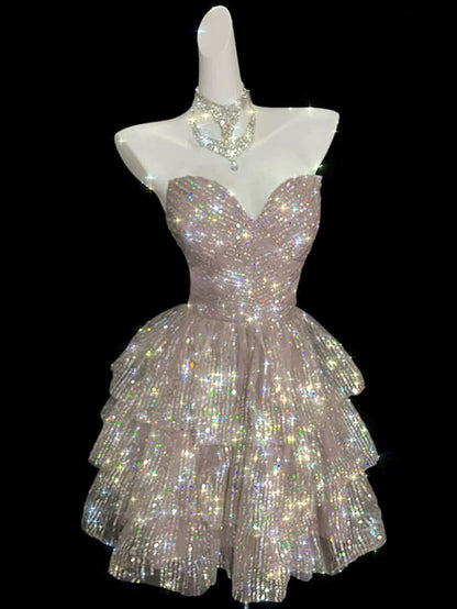 Sparkly Pink Strapless Sweetheart Sequin A Line Short Birthday Party Dress Homecoming Dress AS3238
