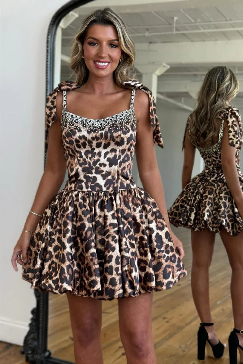 Stunning Leopard Print Homecoming Dress With Beaded Details And Bow Straps AS324