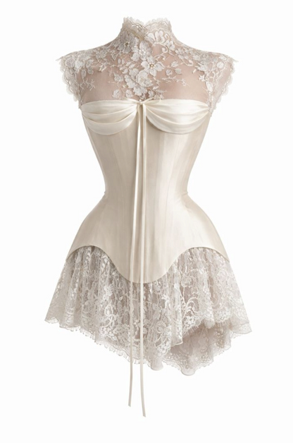 Romantic Ivory High Neck Floral Lace Satin Corset A Line Short Homecoming Dress Birthday Dress AS3240