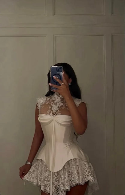 Romantic Ivory High Neck Floral Lace Satin Corset A Line Short Homecoming Dress Birthday Dress AS3240